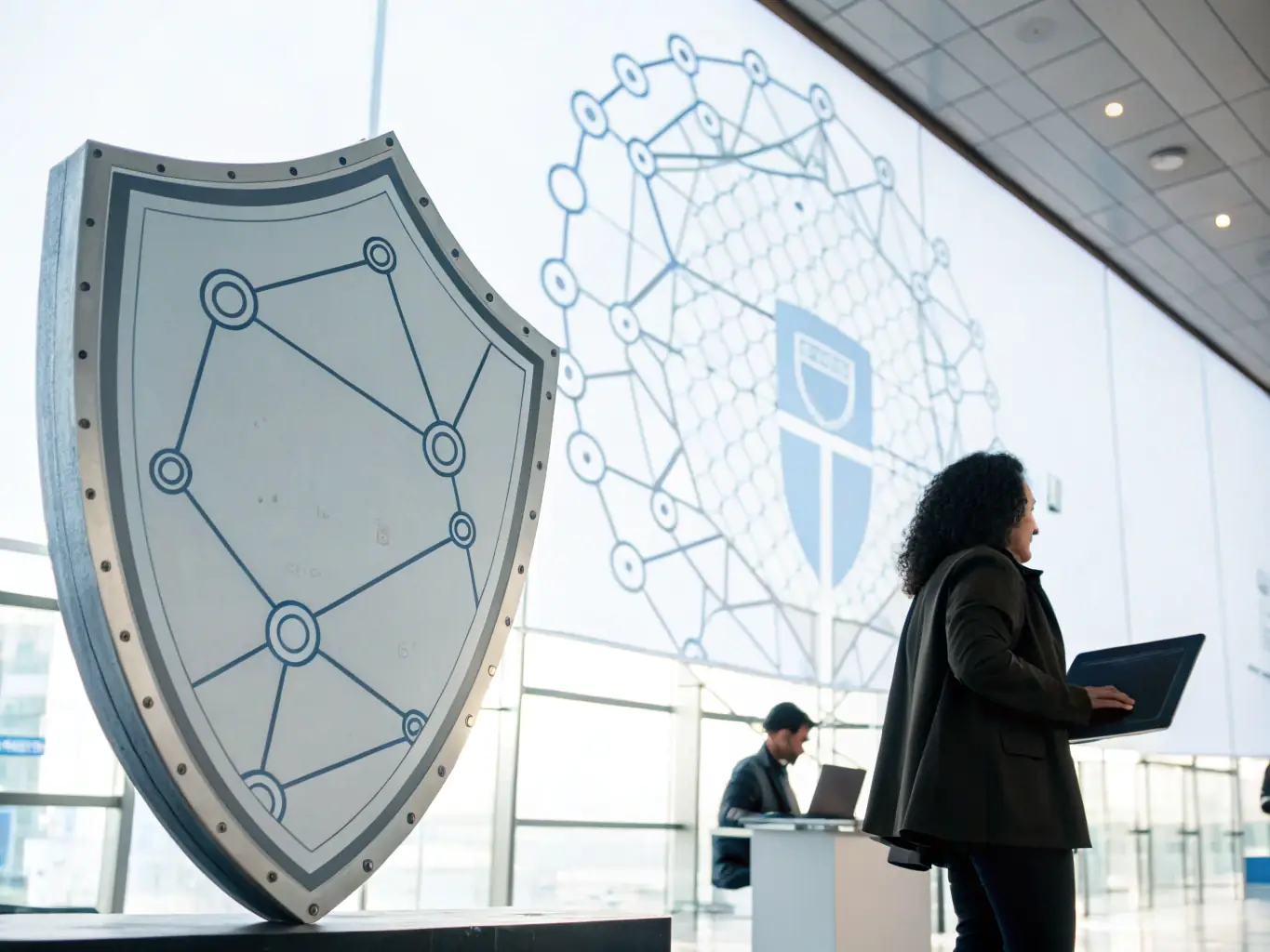 An image of a shield icon over a digital network with security analytics in the background, symbolizing Cybexis's cybersecurity assessments.
