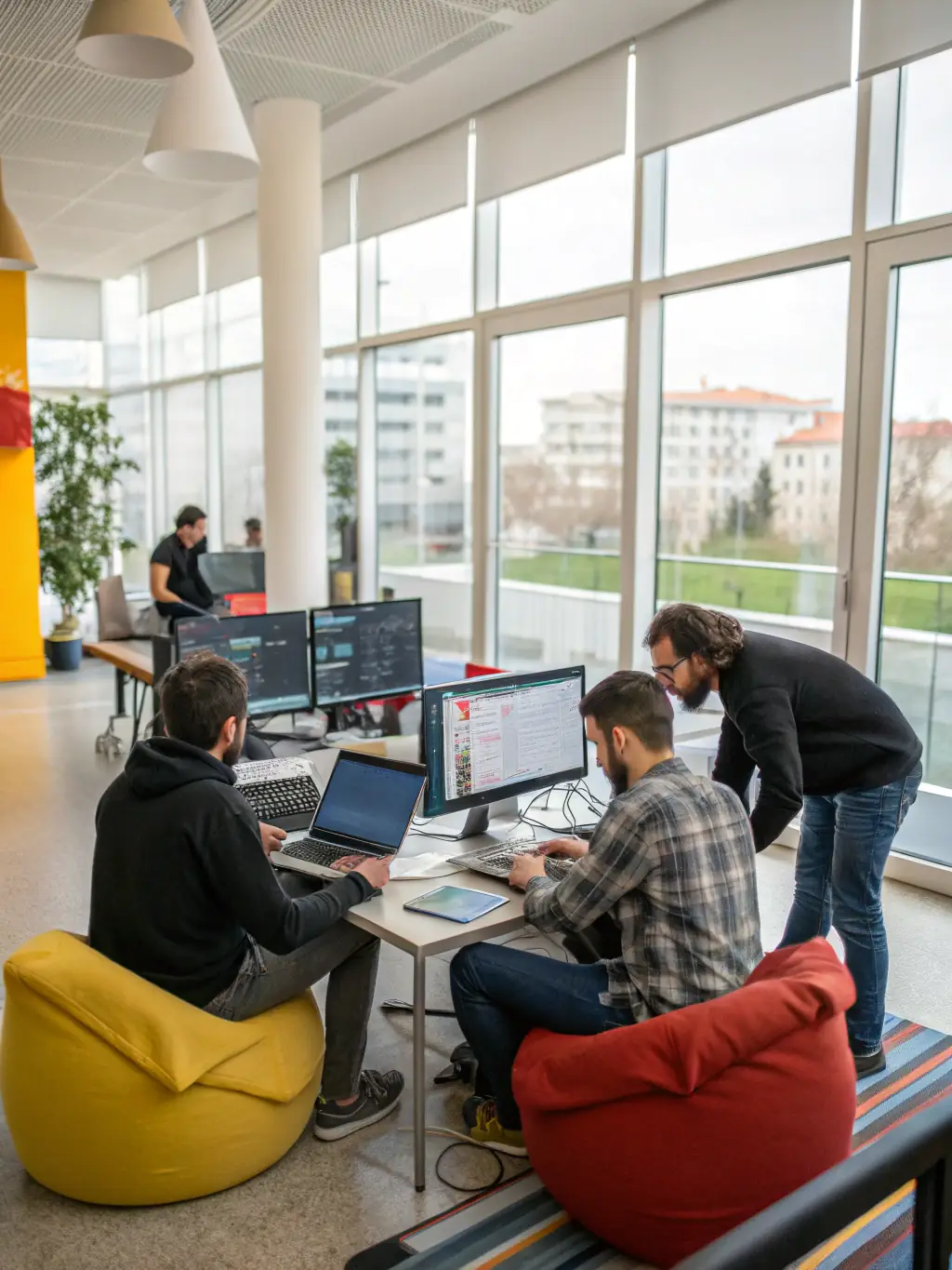 A professional team collaborating on a digital transformation strategy in a modern office setting, emphasizing innovation and teamwork.