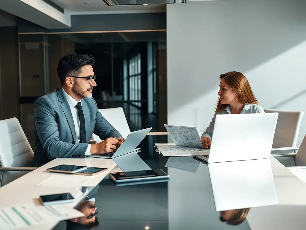 A consultant reviewing a digital transformation roadmap with a client in a modern office setting, emphasizing strategic planning and collaboration.
