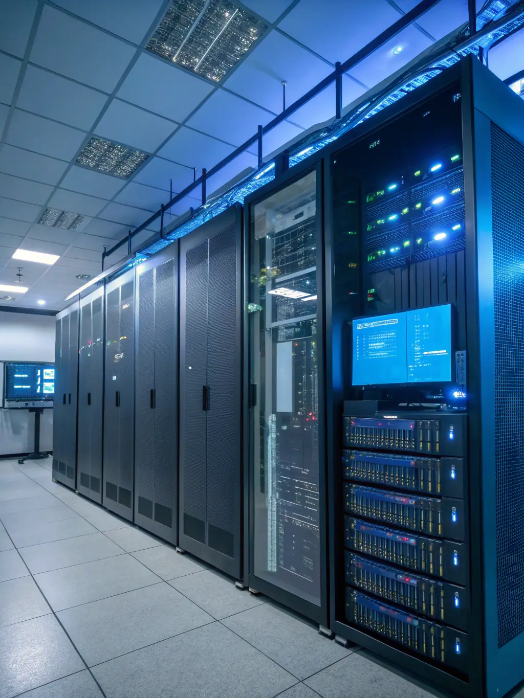 A secure cloud data center with servers and networking equipment, highlighting the reliability and scalability of cloud solutions.