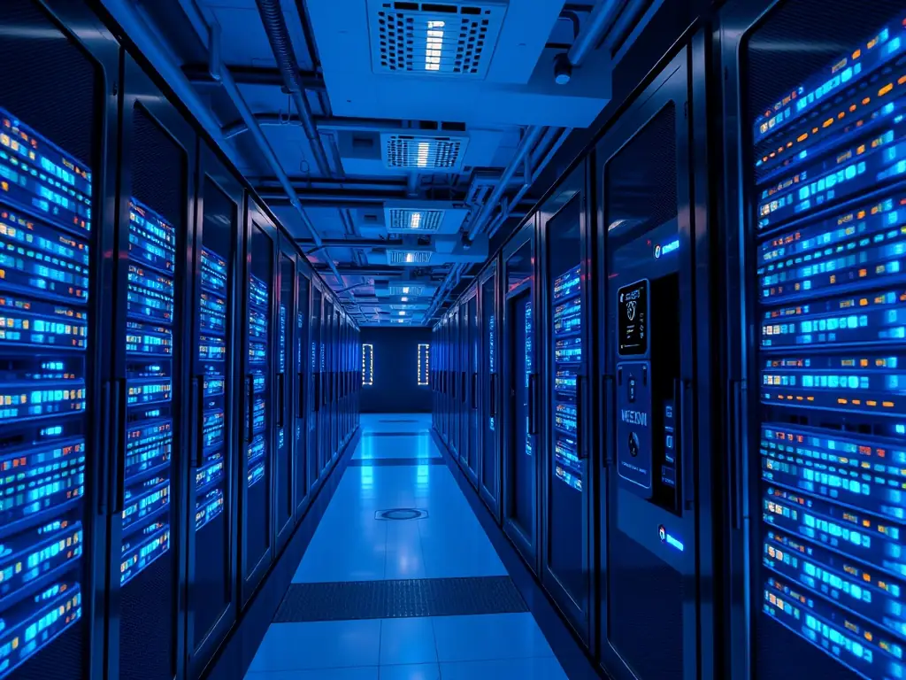 A secure cloud server room with blinking lights, symbolizing data protection and efficient cloud infrastructure.