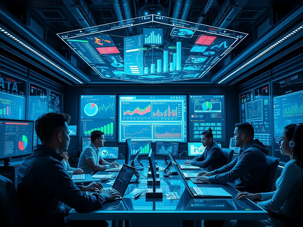An image of a business team collaborating over digital devices with futuristic digital overlays, representing Cybexis's digital transformation strategies.